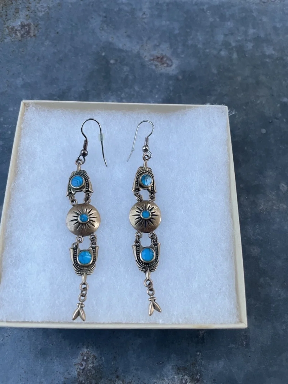 Brass Southwestern Style Dangle Earrings with faux-turquoise